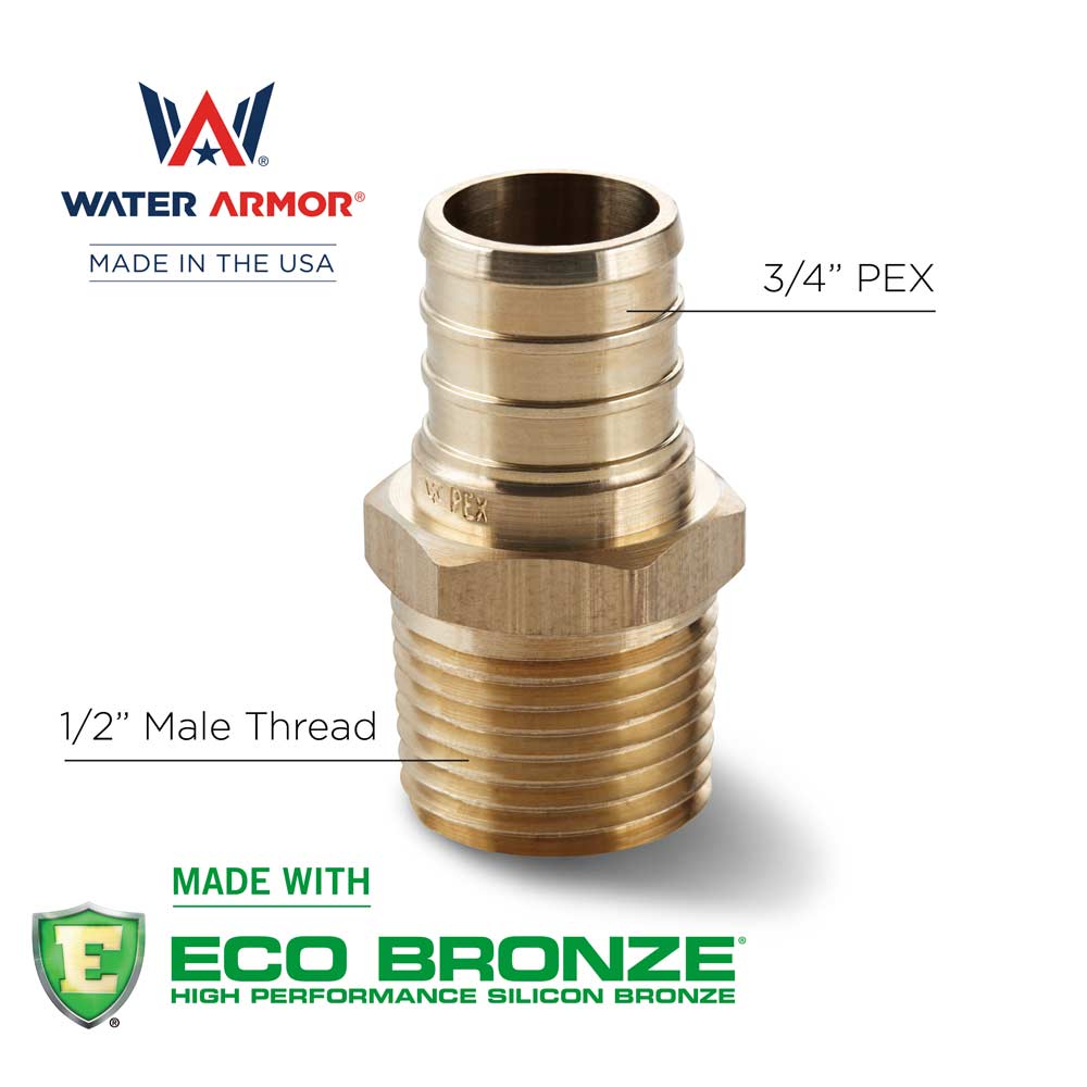 3/4" PEX x 1/2" Male Thread Water Armor PEX Adapter Made With Eco Bronze