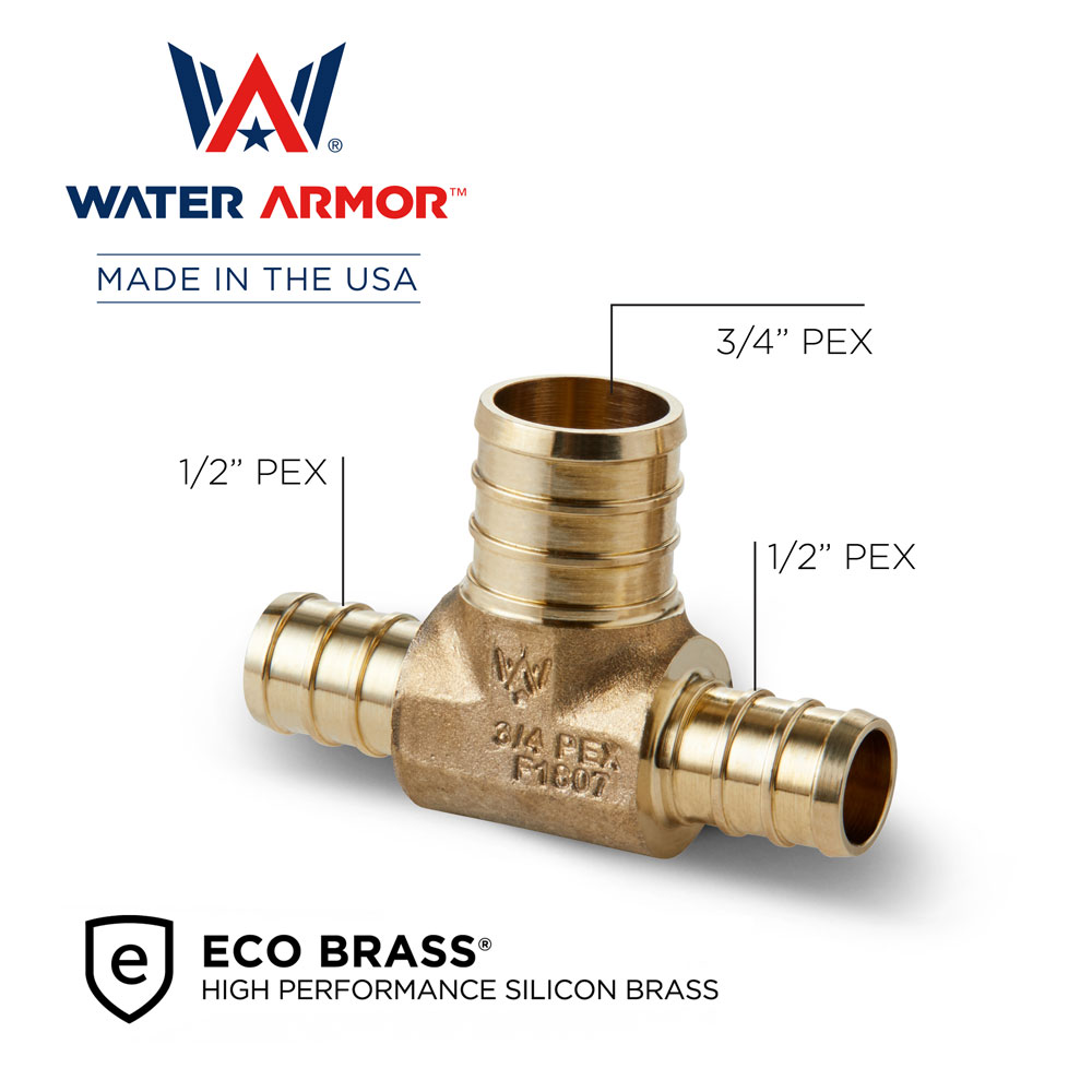 EM27-WA-0500-x-0500-x-0750-F1807-PEX-Tee-ECO 1/2" x 3/4" Brass PEX Tee Eco Brass