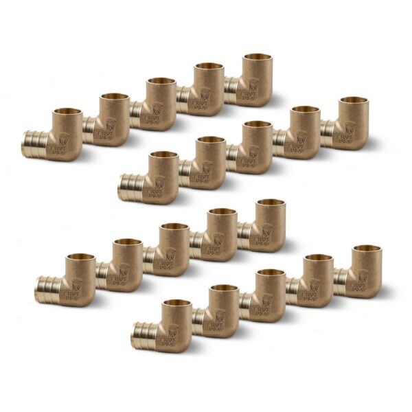 3/4" x 1/2" Brass PEX Female Sweat Adapter Elbow, 25 Pack